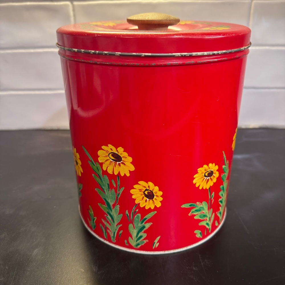Vintage Sunflower Metal Kitchen Canister Red Farmhouse Decor Large Yellow Flower